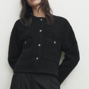 Massimo Dutti Black Drop Shoulder Textured Gold Button Jacket